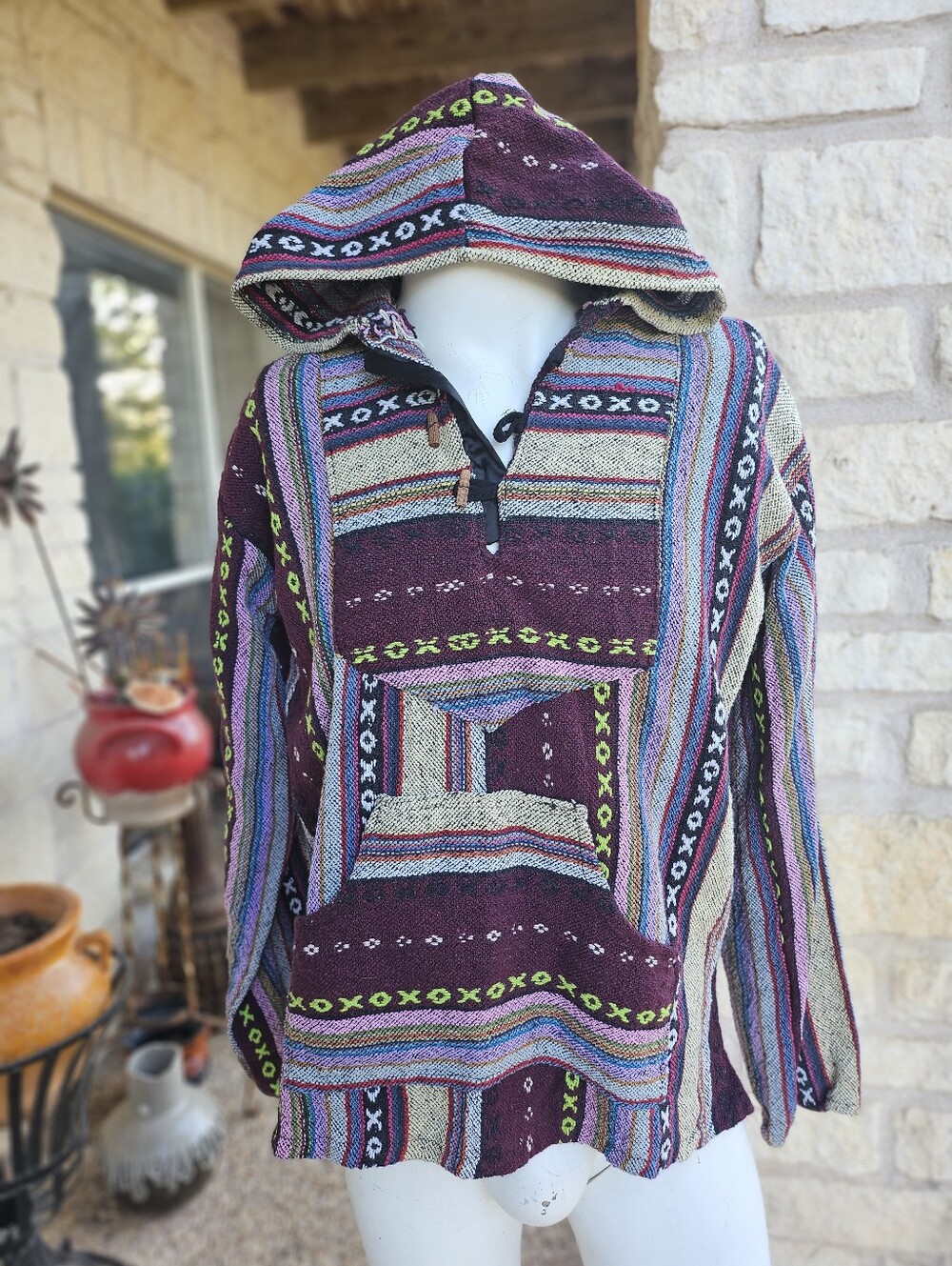 Vintage "Drug Rug" Cotton Knit Bohemian Hippie Pullover Hooded Sweater XL